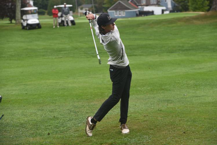 Franklin Tech's Gabe Mota hit a shot on Hole No. 3 at Thomas Memorial during a match against Athol earlier this season.  