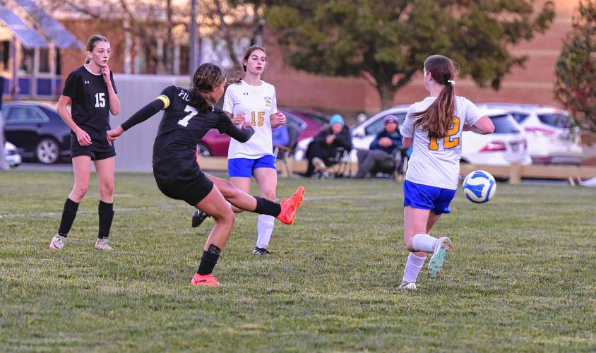 Pioneer’s Natalie Rios (7) shoots and scores with her left foot during the first half of the Panthers’ 6-0 win over Gateway on Thursday afternoon in Northfield.