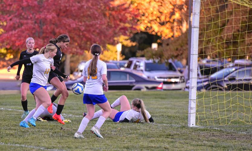 Pioneer’s Natalie Rios (4) battles for position with a host of Gateway defenders in front of the Gators’ goal during the first half of the Panthers’ 00-00 win on Thursday afternoon in Northfield.