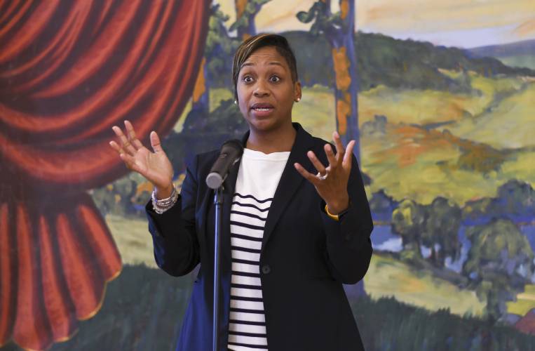 Massachusetts Attorney General Andrea Campbell, pictured at Leyden Town Hall in 2023, has filed a lawsuit in Suffolk County Superior Court against TikTok for intentionally designing its social media platform to be addictive and harmful to young users and for deceiving the public about its efforts to keep its platform safe.