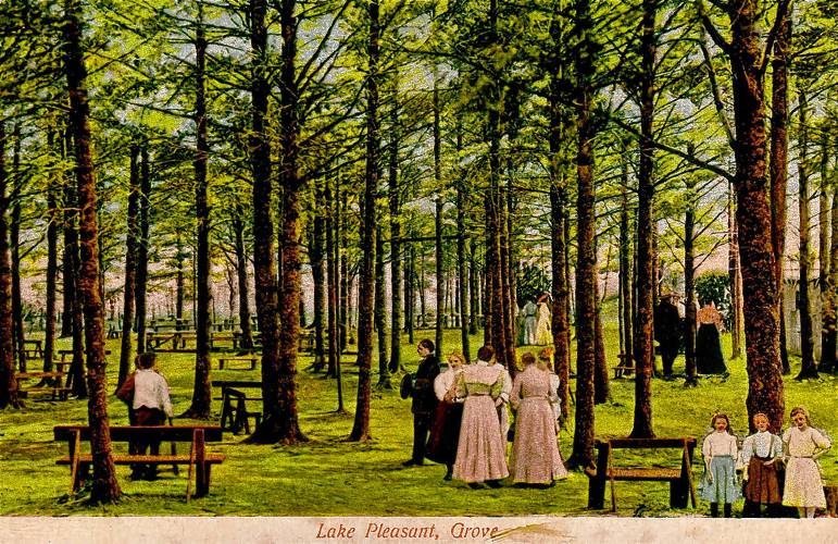 A postcard depicting The Grove, an outdoor amphitheater for orchestras, bands and speakers, in Lake Pleasant. Members of the local spiritualist community will read excerpts from “Spirit and Spa” at the Warwick Free Public Library on Tuesday, Oct. 22.