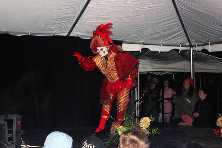 Daniel Ziarnik-Case created an elaborate outfit, loosely inspired by a matador’s costume. It included bright red and gold fabrics, sequins and sparkles, and was complete with a grand feathered cap an skull mask.