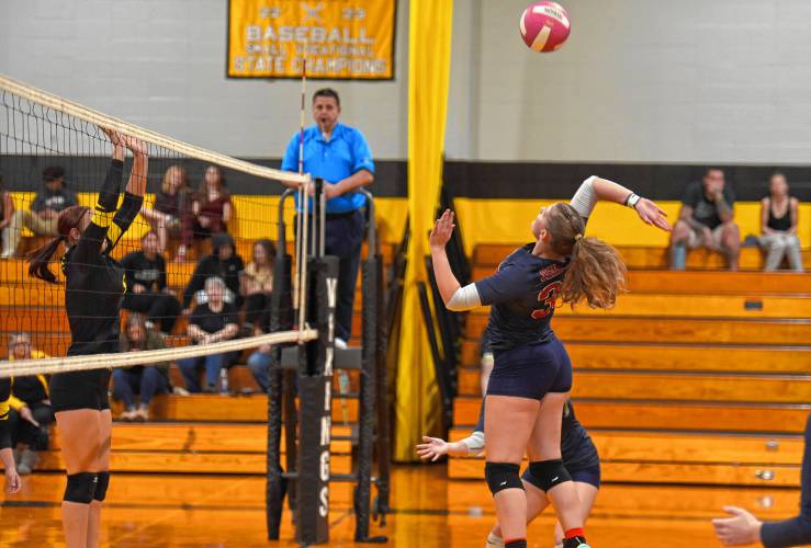 Mahar’s Hayden Comeau (32) winds up for a hit during the sixth-seeded Senators’ 3-2 win over Smith Vocational in the Western Mass. Class C quarterfinals on Tuesday in Northampton.