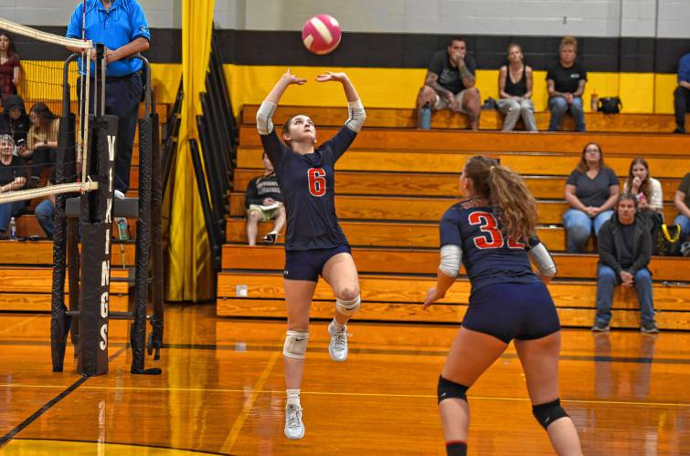 Mahar’s Madelynn Burgess (6) readies to make a pass during the Senators’ Western Mass. Class C quarterfinal match against Smith Vocational on Tuesday in Northampton.