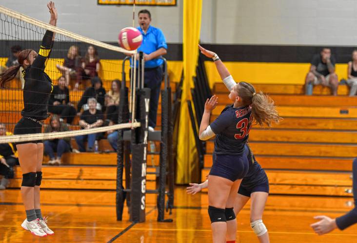 Mahar’s Hayden Comeau (32) winds up for a hit during the Senators’ Western Mass. Class C quarterfinal match against Smith Vocational on Tuesday in Northampton.