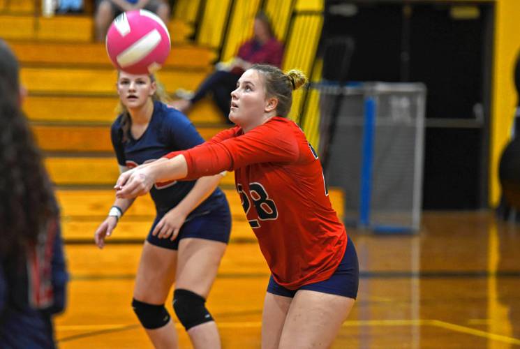 Mahar’s Mckenzie Scribner (28) makes a dig against Smith Vocational during the Senators’ 3-2 win in the Western Mass. Class C quarterfinals on Tuesday in Northampton.