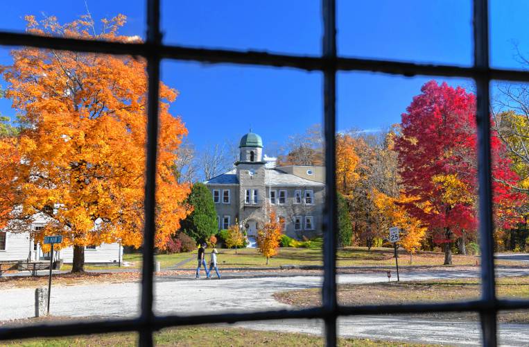 Former New Salem Academy buildings as seen from inside the 1794 Meetinghouse in New Salem.