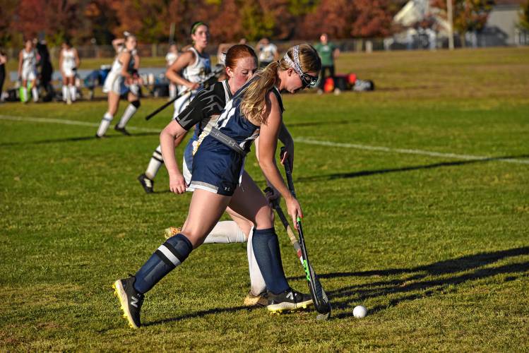 Franklin Tech’s Hannah Gilbert (21) carries the ball against Southwick during the visiting Eagles’ 4-0 loss in the Western Mass. Class B semifinals on Wednesday in Southwick.