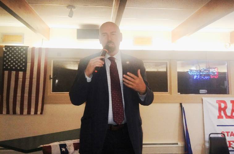 Attorney John Deaton, the Republican nominee challenging U.S. Sen. Elizabeth Warren, speaks at a meet-the-candidates event at the Orange American Legion Post 172 on Tuesday.