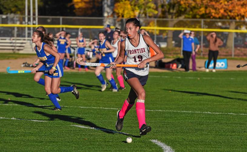 Frontier’s Lauryn Kalinowski (19) holds possession of the ball against Mohawk Trail during the Redhawks’ 8-0 win in the Western Mass. Class C semifinals on Thursday in South Deerfield.