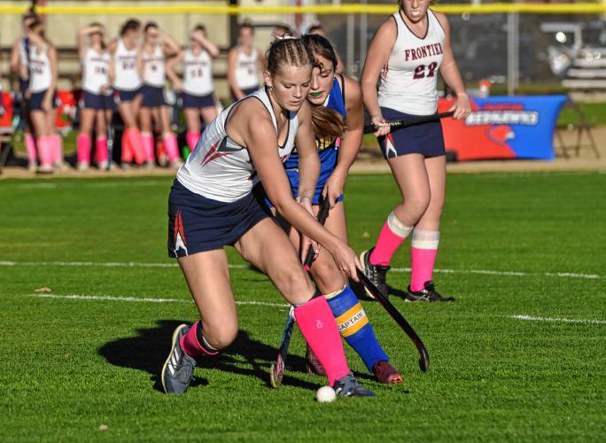 Frontier’s Elsa Brown (7) carries the ball against Mohawk Trail during the Redhawks’ 8-0 win in the Western Mass. Class C semifinals on Thursday in South Deerfield.