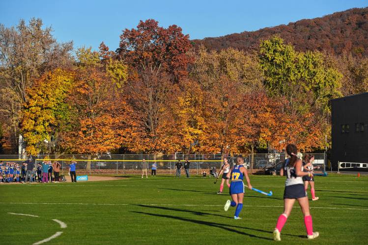 Frontier and Mohawk Trail players compete on a beautiful fall day in South Deerfield during the Redhawks’ 8-0 win in the Western Mass. Class C semifinals on Thursday.