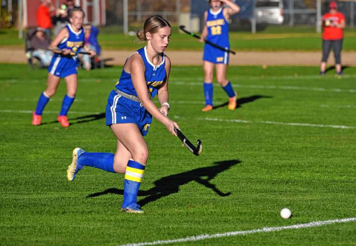 Mohawk Trail’s Jayda Waters (26) carries the ball against Frontier during the Redhawks’ 8-0 win in the Western Mass. Class C semifinals on Thursday in South Deerfield.