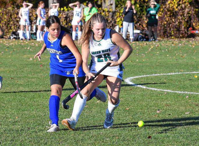 Turners Falls’ Eva Lereau and Greenfield’s Madison Lemay vie for the ball in Greenfield on Thursday. 