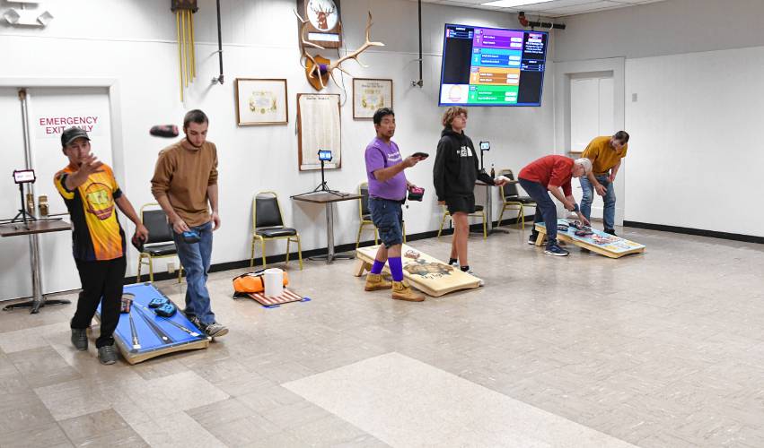 Players in the Franklin County Baggers cornhole league compete at the Montague Elks Lodge 2521. The group gathers to play every Wednesday.