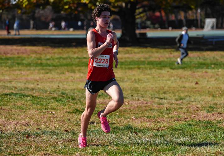 Frontier’s Evan Hedlund runs to a second place finish in the boys race at the Western Mass. Class B Cross Country Championships on Sunday at Stanley Park in Westfield.