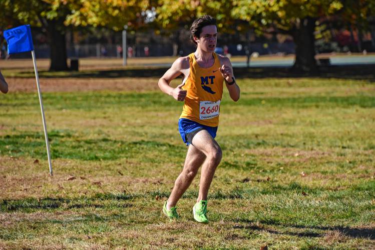 Mohawk Trail’s Peter Healy moves through the course in the boys race at the Western Mass. Class B Cross Country Championships on Sunday at Stanley Park in Westfield.