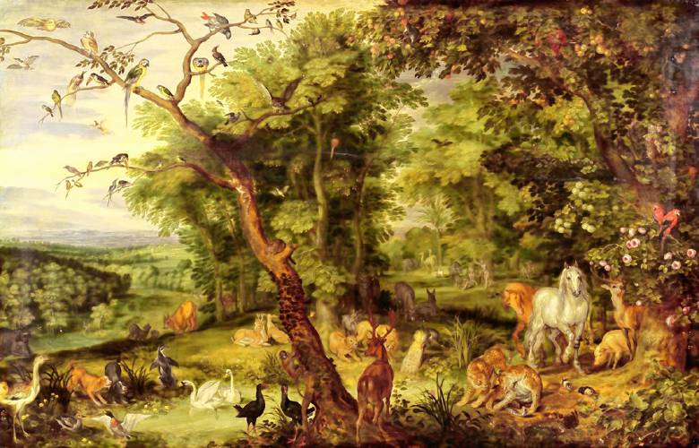 This painting by Jan the Elder Brueghel is titled “The Temptation in the Garden of Eden.”