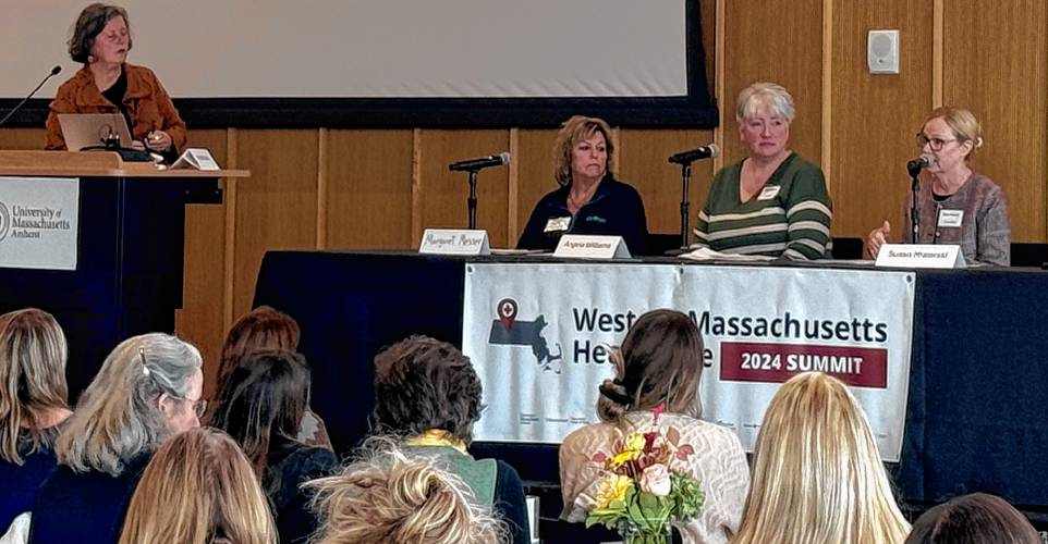 State Sen. Jo Comerford, D-Northampton, moderates a panel on breakthroughs and barriers in senior care at the Western Massachusetts 2024 Healthcare Summit at UMass Amherst on Monday morning with participants Margaret Messer, director of talent acquisition and employee engagement at Integritus Healthcare, Angela Williams, director of nursing at the center for extended care in Amherst and Susan Misiorski, vice president of workforce development at the Massachusetts Senior Care Association.