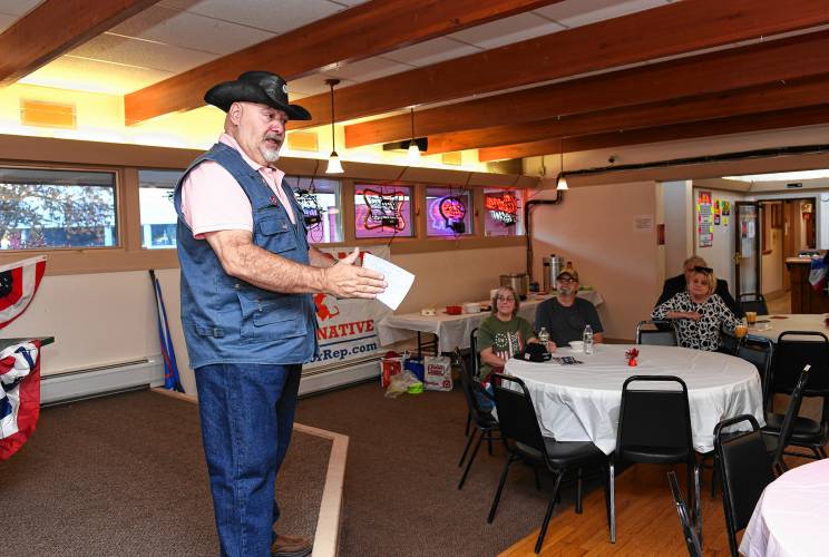 Republican candidate Jeffrey Raymond speaks at a meet-the-candidates event at the Orange American Legion on Tuesday, Oct. 22.