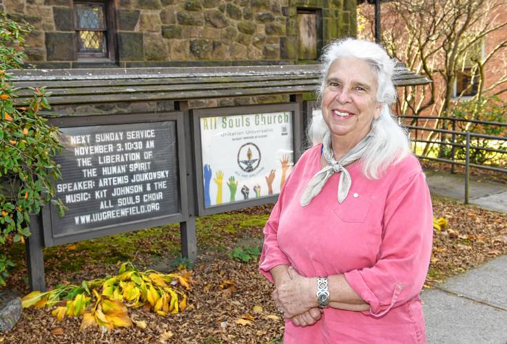 Kate Mason outside the All Souls Church on Main Street in Greenfield.