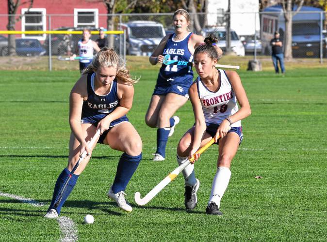 Franklin Tech’s Cordelia Guerin, left, and Frontier’s Lauryn Kalinowski vie for control of the ball during the host Redhawks’ 6-1 win in the MIAA Division 4 Round of 32 on Friday in South Deerfield.