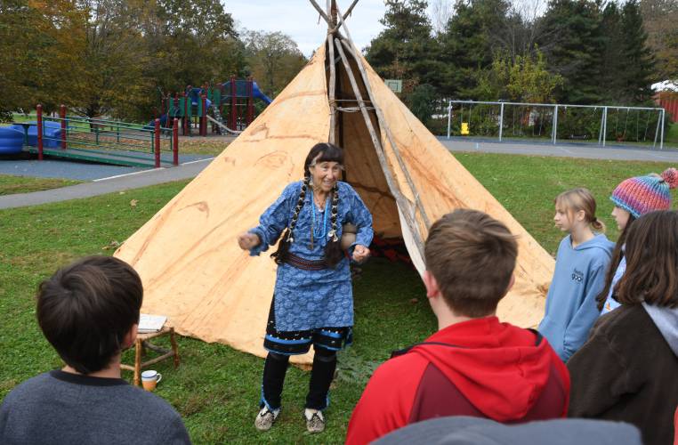 Jennifer Lee, pictured giving an Indigenous history talk to Conway Grammar School students in 2023, will lead a workshop on making Indigenous bark baskets at the Bernardston Senior Center on Monday, Nov. 18.