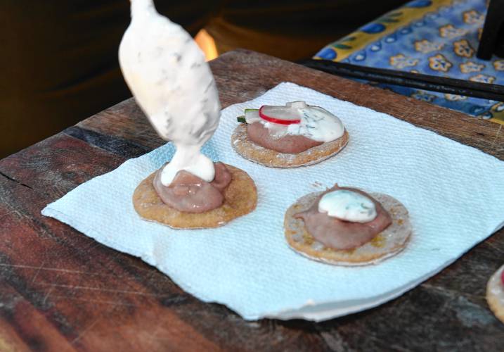 Pitas made with ancient einkorn topped with red merlot bean hummus and tzatziki.