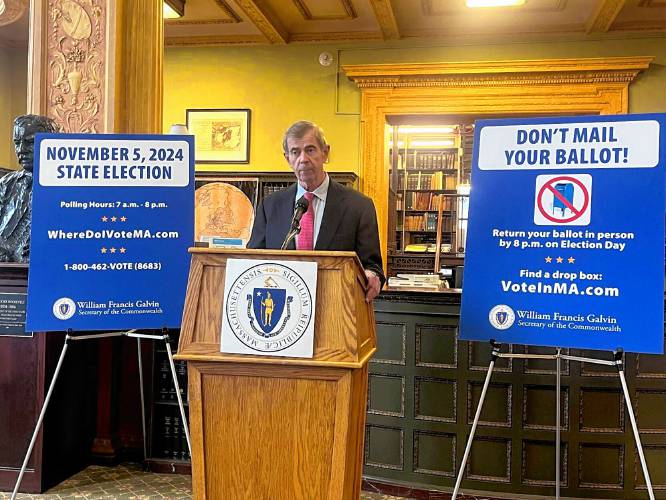 Massachusetts Secretary of State William Galvin speaks to reporters in the State House Library on Monday about Tuesday’s election.