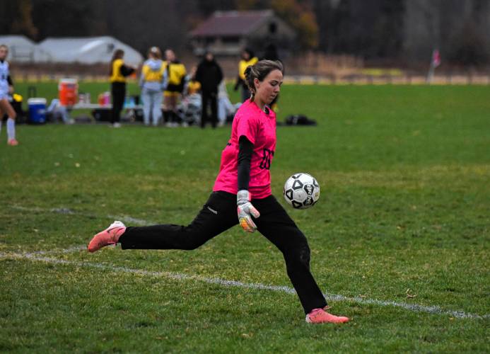 Franklin Tech goalie Kylee Gamache punts the ball against Smith Vocational during the visiting Eagles’ 1-0 loss in the MIAA Division 5 preliminary round on Monday at Florence Fields in Northampton.