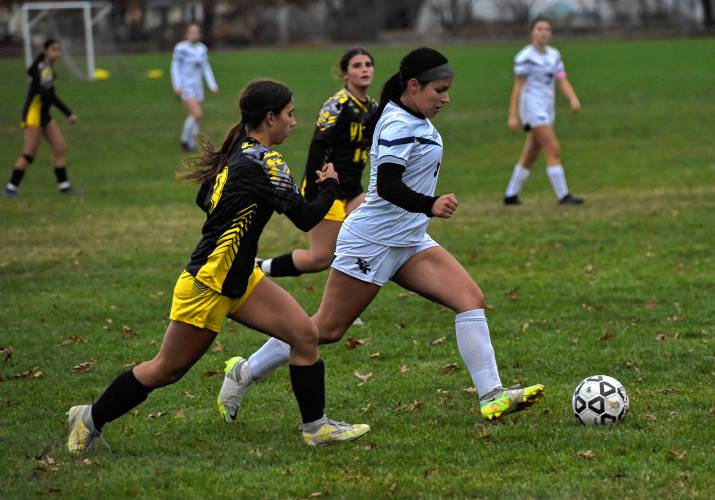 Franklin Tech’s Zoey Duda (3), right, dribbles under pressure from Smith Vocational’s Lillian St. Martin during the visiting Eagles’ 1-0 loss in the MIAA Division 5 preliminary round on Monday at Florence Fields in Northampton.