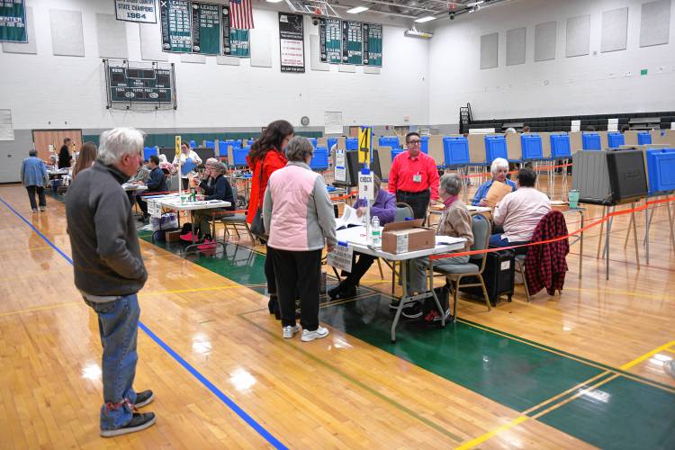 People check in to vote at Greenfield High School on Tuesday. 