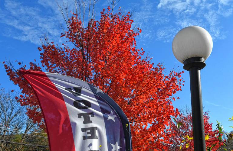 A “Vote Today” banner at the Gill-Montague Senior Center on Tuesday.