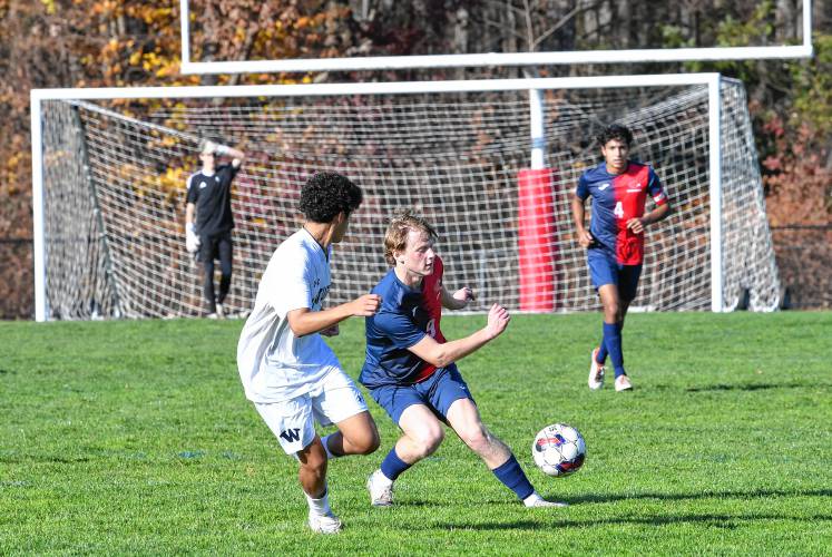 Frontier’s TJ Donovan moves the ball up the field against  Nantucket during an MIAA Div. 4 Round of 32 contest in South Deerfield Tuesday. 