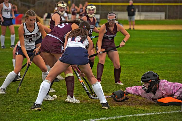 Frontier’s Ashlie Galenski (5) readies for a shot in traffic that eventually went past West Bridgewater goalie Allie Edgerly for a goal during the Redhawks’ 5-0 win in the MIAA Division 4 Round of 16 on Wednesday in South Deerfield.