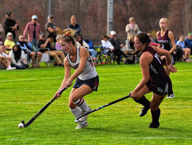 Frontier’s Ashley Taylor (6), left, moves past a West Bridgewater defender during the Redhawks’ 5-0 win in the MIAA Division 4 Round of 16 on Wednesday in South Deerfield.