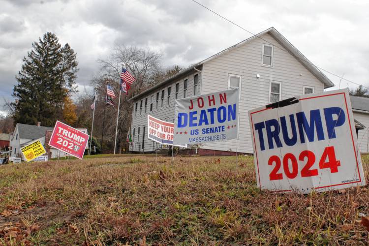 A house in Montague supporting President-elect Donald Trump. While police chiefs in some towns say a spike in stolen or damaged political lawn signs has passed, it continues to pose a problem in other communities.