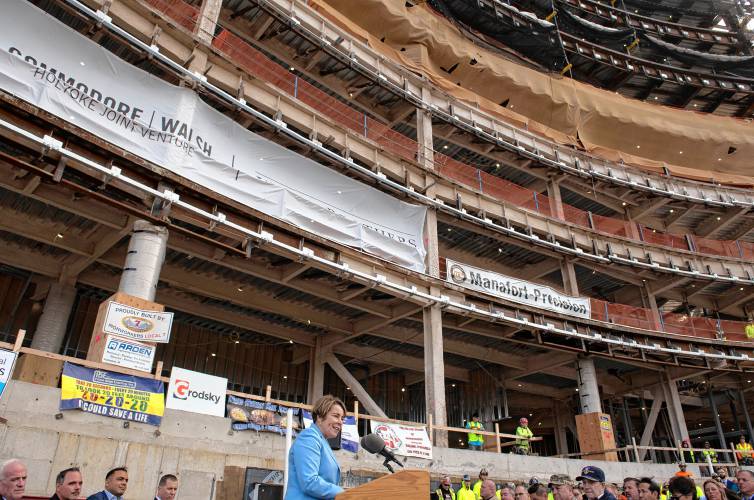 Gov. Maura Healey speaks during a “topping off” ceremony of the Veterans Home in Holyoke Thursday afternoon.