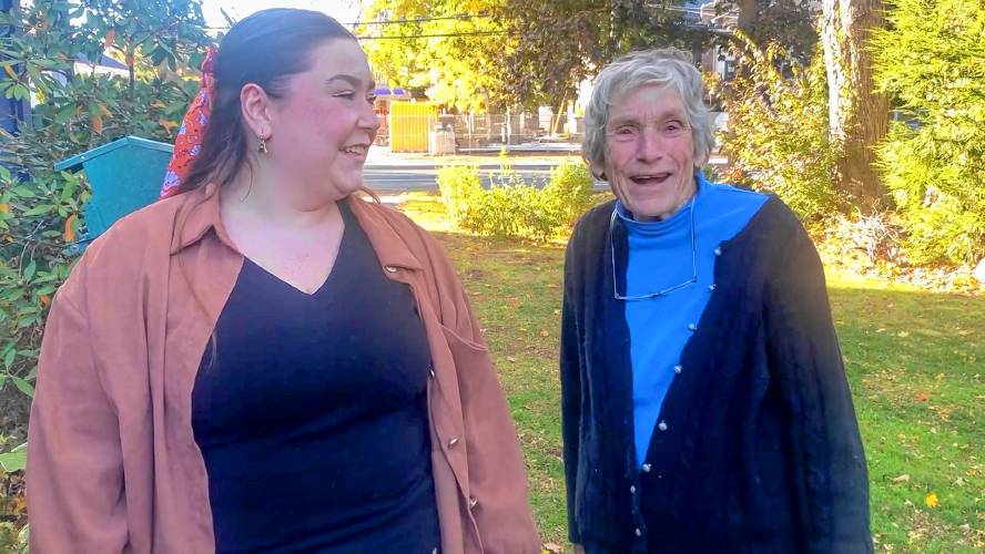 Jessica Lenihan (left) and her senior partner Melissa Periot together as they film their short film on gardening for the Franklin County Intergenerational Film Festival. The two met during GCC’s Cyber-Senior program, and their film focuses on gardening and the relationship the pair has cultivated from the senior tech support program.