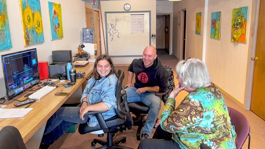 Bella Levavi (left), Julian Lowenthal and Wendy Iseman together editing their short film for the Franklin County Intergenerational Film Festival coming to GCC on Nov. 14. The film will debut alongside a collection of other short films created as part of the GCC Cyber-Senior program.