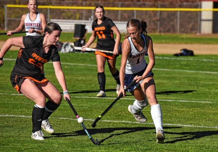 Frontier’s Macy DeMaio (1) carries the ball during the Redhawks’ 2-0 win over Ipswich in the MIAA Division 4 quarterfinal round on Saturday in South Deerfield.