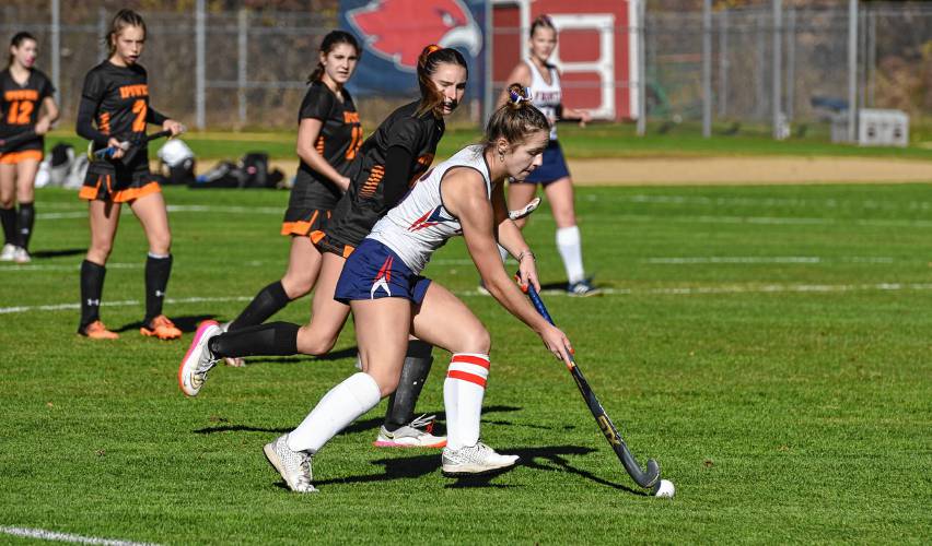 Frontier’s Ashley Taylor (6) carries the ball during the Redhawks’ 2-0 win over Ipswich in the MIAA Division 4 quarterfinal round on Saturday in South Deerfield.