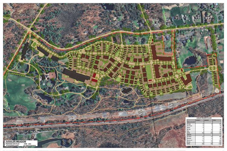 A concept for a 55-and-over, 400-home project known as Juggler Meadow, to be built on the estate of late Yankee Candle founder Michael Kittredge in Leverett and Amherst.