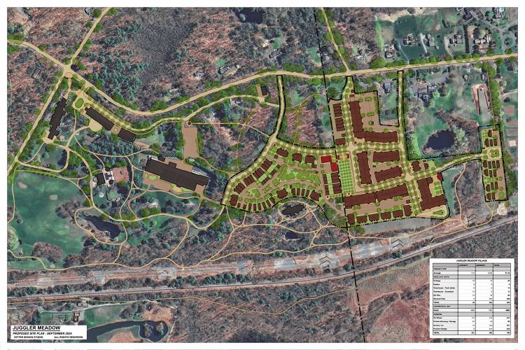 A concept for a 55-and-over, 400-home project known as Juggler Meadow, to be built on the estate of late Yankee Candle founder Michael Kittredge in Leverett and Amherst.