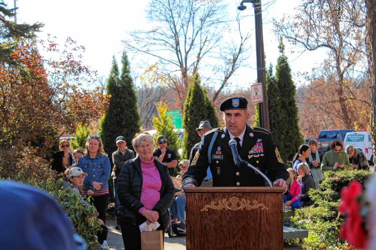 Upper Pioneer Valley Veterans’ Services District Director Chris Demars speaks at Veterans Mall in Greenfield on Monday.