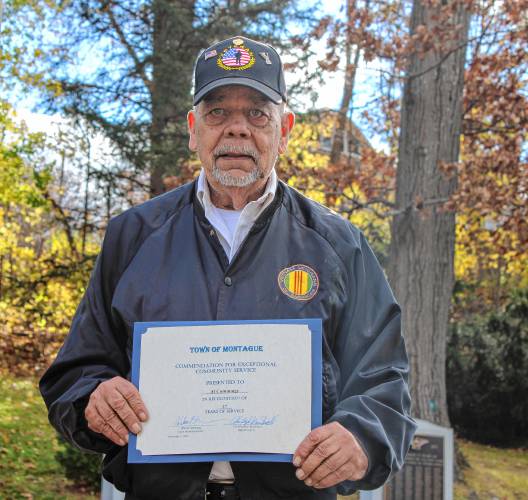 Montague resident Al Cummings with his Commendation for Exceptional Community Service given to him following Montague’s Veterans Day ceremony on Monday.