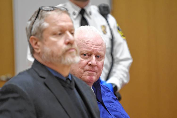 Lewis H. Starkey III in Franklin County Superior Court on Nov. 4. At left is his lawyer Michael Fellows. Starkey is serving a life sentence for killing Amanda Glover and attempting to murder Glover’s adult son, Devin, on July 5, 2017, in Wendell.