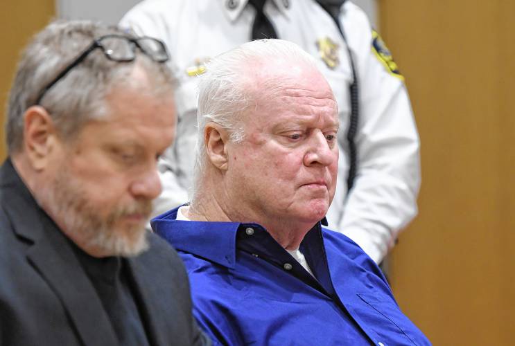 Lewis H. Starkey III in Franklin County Superior Court on Nov. 4. At left is his lawyer Michael Fellows. Starkey is serving a life sentence for killing Amanda Glover and attempting to murder Glover’s adult son, Devin, on July 5, 2017, in Wendell.