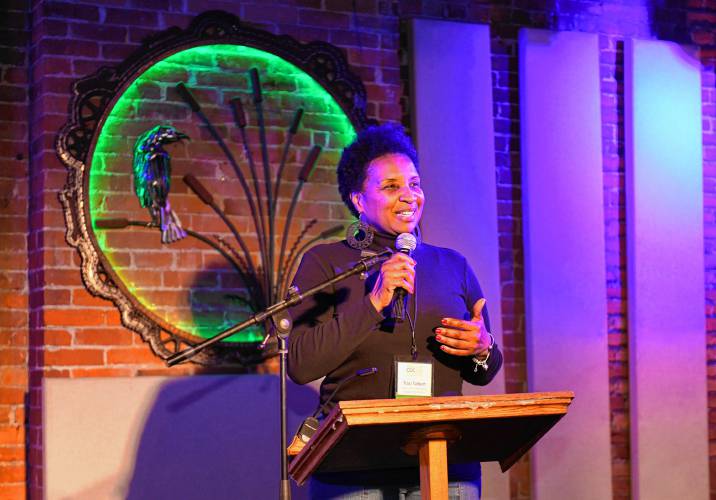 Traci Talbert, right, racial justice community engagement director with the Franklin County Community Development Corporation, speaks during the Franklin County CDC’s 45th annual meeting at Hawks & Reed Performing Arts Center in Greenfield on Wednesday.