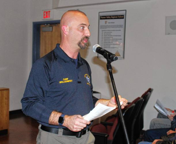 Northfield EMS Chief Matt Wolkenbreit speaks in favor of a Special Town Meeting warrant article asking residents if they agree to purchase the facility at 46 Northfield Road (Route 10) in Bernardston for the new home of Northfield EMS.